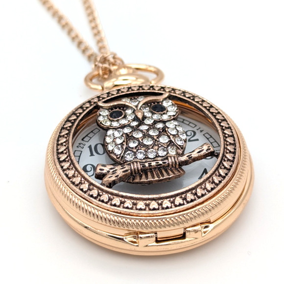 Owl Crystal NEW Pocket Watch Rose Gold Copper Jewel Encrusted Gift Owls Bird - Picture 4 of 6